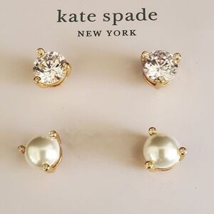 Kate Spade Rise and Shine Earrings 2 Pair Faux Pearl Rhinestones Gold Plated NWT